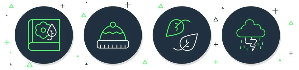 Set line Winter hat, Leaf, Herbarium and Storm icon. Vector Stock Illustration