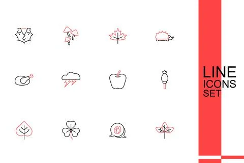 Set line Winter hat, Leaf, Clover, Opium poppy, Apple, Cloud and lightning .. Stock Illustration