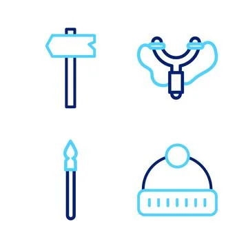 Set line Winter hat, Medieval spear, Slingshot and Road traffic sign icon Illustration
