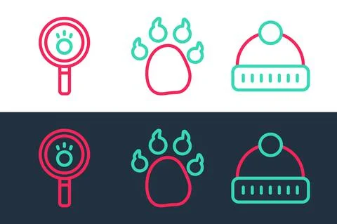 Set line Winter hat, Paw search and print icon. Vector Illustrazione stock