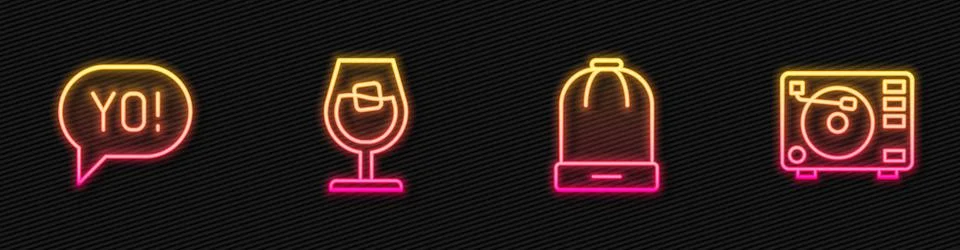 Set line Winter hat, Yo slang lettering, Wine glass and Vinyl player with vinyl Stock Illustration