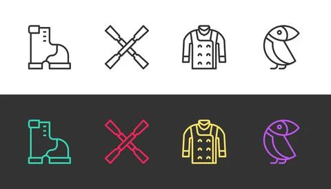 Set line Winter warm boot, Oars or paddles boat, Sweater and Albatross on black Stock-Illustration