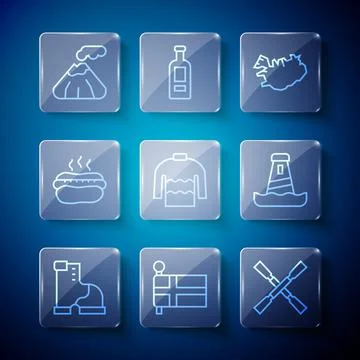 Set line Winter warm boot, Flag of Iceland, Oars or paddles boat, Map, Sweater Stock-Illustration