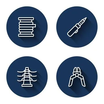 Set line Wire electric cable on reel, Soldering iron, Electric tower line and 스톡 일러스트