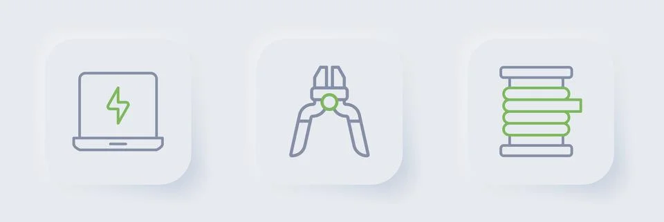 Set line Wire electric cable on reel, Pliers tool and Laptop icon. Vector Stock Illustration
