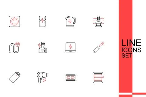 Set line Wire electric cable on reel, Electrical outlet, Hair dryer, Batter.. Stock Illustration