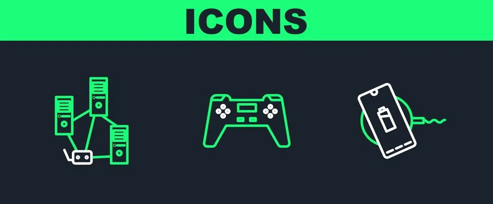 Set line Wireless charger, Computer network and Gamepad icon. Vector 스톡 일러스트