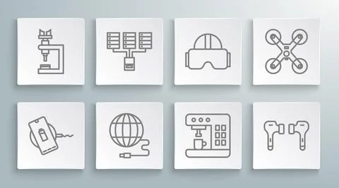 Set line Wireless charger, Server, Data, Web Hosting, Social network, Coffe.. Illustrazione stock