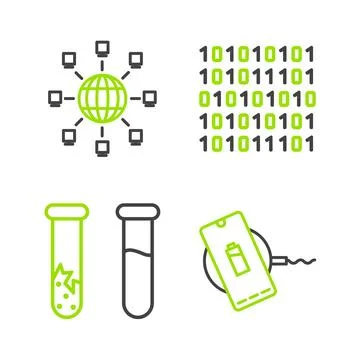 Set line Wireless charger, Test tube and flask, Binary code and Social netw.. Stock Illustration