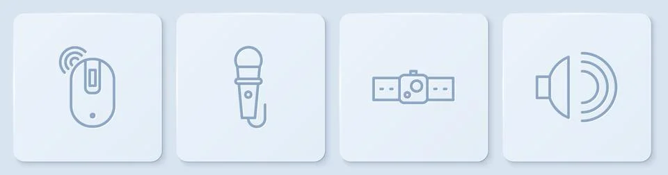 Set line Wireless computer mouse, Smartwatch, Microphone and Speaker volume Illustrazione stock