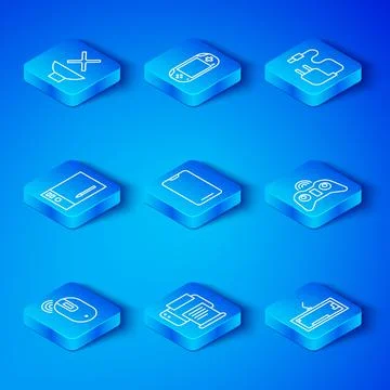 Set line Wireless computer mouse, Smartphone, mobile phone, Printer, gamepad Stock Illustration