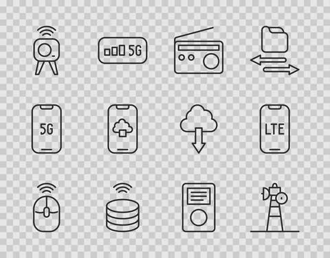 Set line Wireless computer mouse, Satellite dish, Radio, Smart data server, Web Stock Illustration