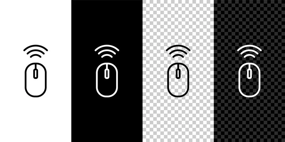 Set line Wireless computer mouse system icon isolated on black and white イラスト素材