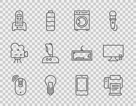 Set line Wireless computer mouse, Printer, Washer, Light bulb with concept of Stock Illustration