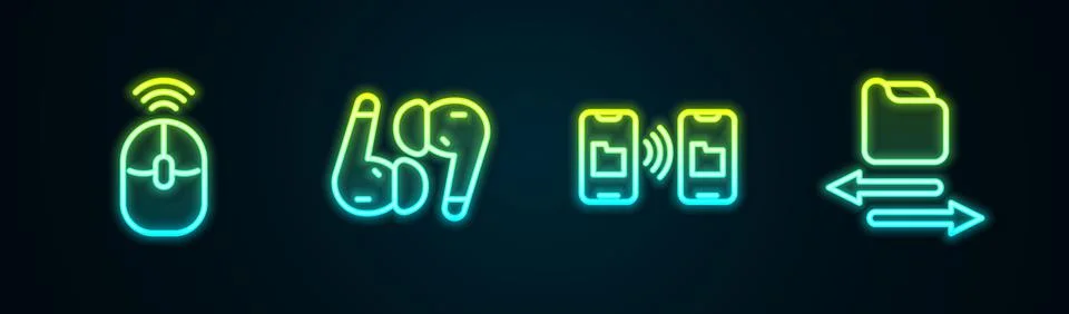 Set line Wireless computer mouse, Air headphones, Data transfer and storage a Stock Illustration