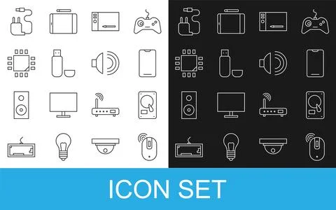 Set line Wireless computer mouse, Hard disk drive HDD, Smartphone, mobile p.. Stock Illustration