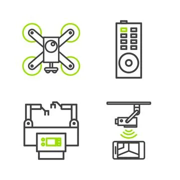 Set line Wireless Controlling CCTV security camera, Assembly line, Remote con Stock Illustration