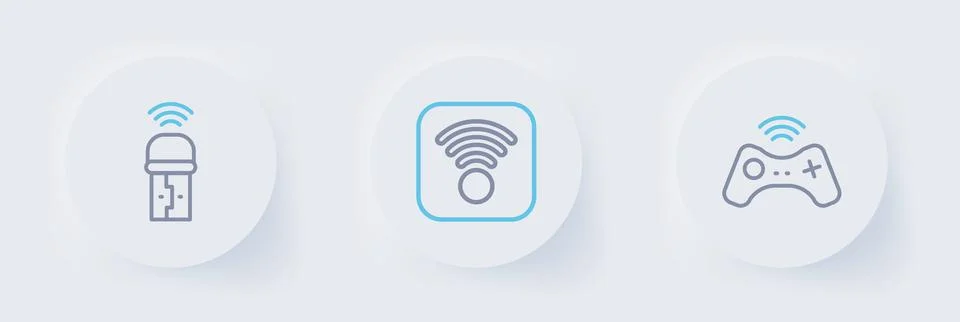 Set line Wireless gamepad, Wi-Fi wireless internet and Usb adapter icon. Vect Stock Illustration