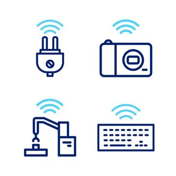 Set line Wireless keyboard, Robotic robot arm hand factory, Smart photo camera Ilustración de archivo