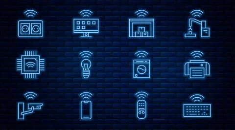 Set line Wireless keyboard, Smart printer, warehouse, light bulb, Processor with Stock Illustration