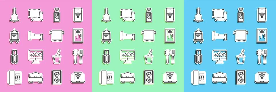 Set line Wireless laptop, Fork and spoon, Shower cabin, Remote control, Hot.. Illustrazione stock