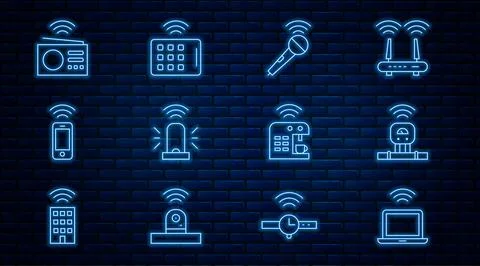 Set line Wireless laptop, Smart sensor, microphone, flasher siren, smartphone Stock Illustration