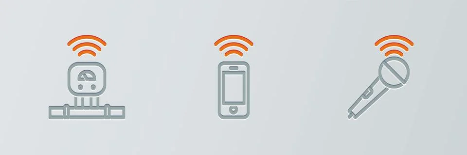 Set line Wireless microphone, Smart sensor and smartphone icon. Vector Stock Illustration
