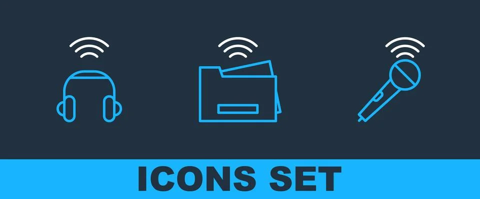 Set line Wireless microphone, Smart headphones and printer icon. Vector Illustrazione stock