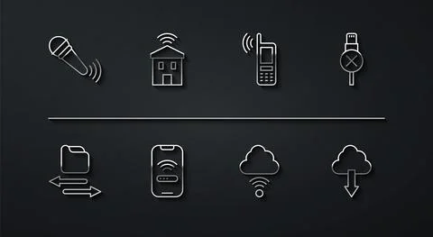 Set line Wireless microphone, Transfer files, No usb cable cord, Network cloud Stock Illustration