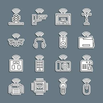 Set line Wireless mouse, Smart coffee machine, printer, warehouse, headphones Stock Illustration