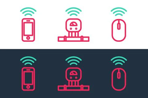 Set line Wireless mouse, smartphone and Smart sensor icon. Vector Illustrazione stock