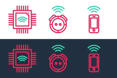Set line Wireless smartphone, Processor with microcircuits CPU and Robot vacu Stock Illustration