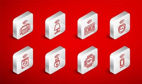 Set line Wireless smartphone, Smart table lamp, electrical outlet, Robot vacuum Stock Illustration