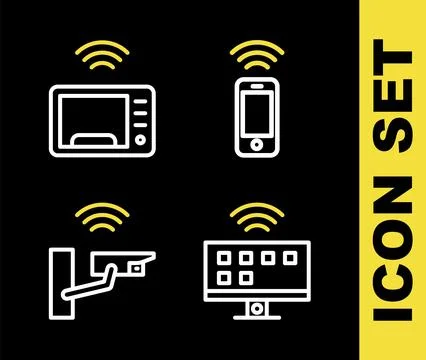 Set line Wireless smartphone, Smart Tv system, security camera and microwav.. Stock Illustration