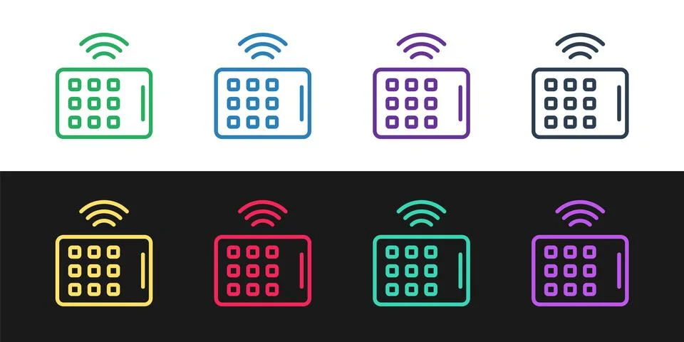 Set line Wireless tablet icon isolated on black and white background. Inter.. Stock Illustration
