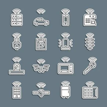 Set line Wireless tablet, microphone, Smart traffic light, smartphone, washer Stock Illustration