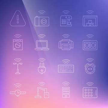 Set line Wireless tablet, Robot vacuum cleaner, Smart electrical outlet, coffee Stock Illustration