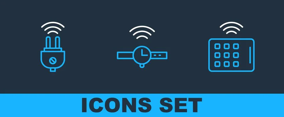 Set line Wireless tablet, Smart electric plug and Smartwatch icon. Vector Stock Illustration