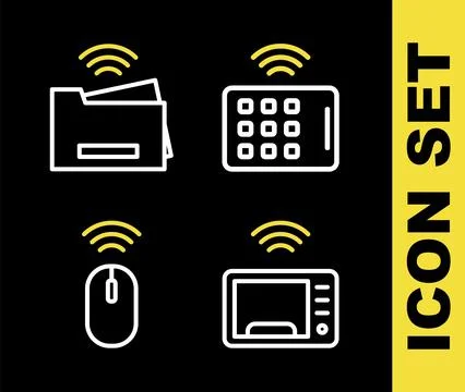 Set line Wireless tablet, Smart microwave oven, mouse and printer icon. Vector Stock Illustration