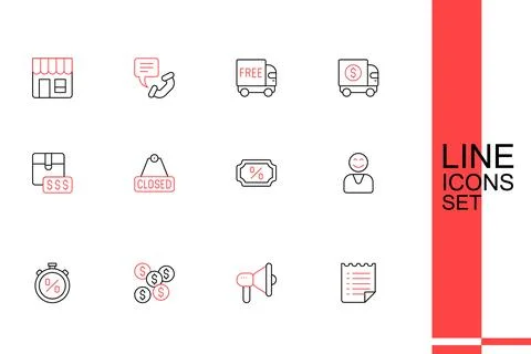 Set line Wish list template, Megaphone, Dollar symbol, Stopwatch percent di.. Stock Illustration
