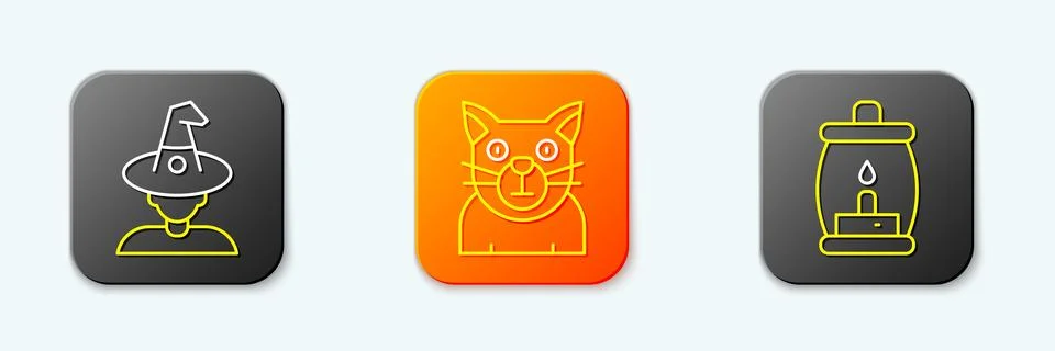 Set line Witch, Cat and Camping lantern icon. Vector Stock Illustration