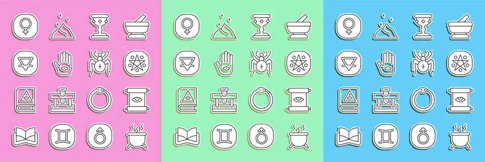 Set line Witch cauldron, Ancient magic scroll, Pentagram in circle, Medieval Stock Illustration