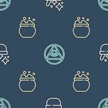 Set line Witch cauldron, and Masons on seamless pattern. Vector Stock Illustration