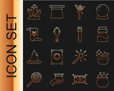 Set line Witch cauldron, Bottle with potion, Magic staff, hand mirror, Ancient Stock Illustration