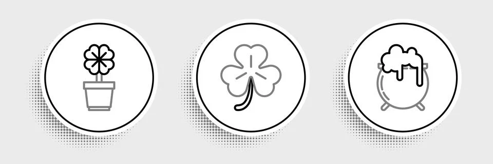 Set line Witch cauldron, Four leaf clover in pot and icon. Vector Stock Illustration