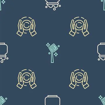 Set line Witch cauldron, Magic ball hand and staff on seamless pattern. Vector Stock Illustration