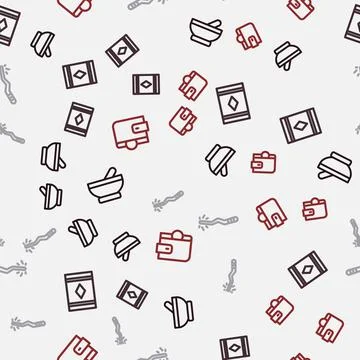 Set line Witch cauldron, Magic carpet, wand and Wallet on seamless pattern. V Stock Illustration