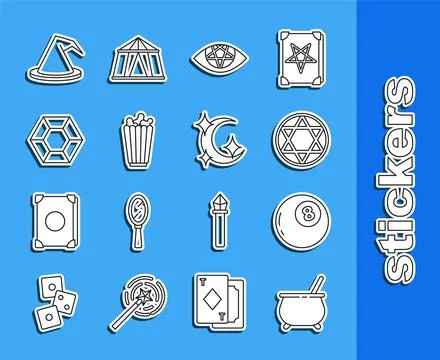 Set line Witch cauldron, Magic ball of predictions, Star David, Pentagram, .. Stock Illustration