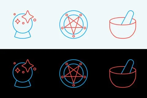 Set line Witch cauldron, Magic ball and Pentagram in circle icon. Vector Stock Illustration