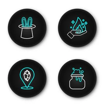 Set line Witch cauldron, Magic stone, Hand holding fire and Magician hat ra.. Stock Illustration